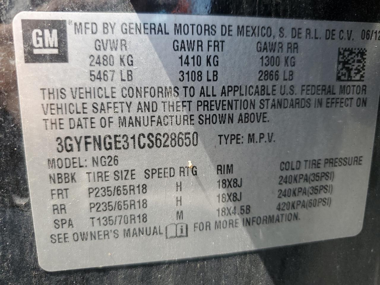 3GYFNGE31CS628650 2012 Cadillac Srx