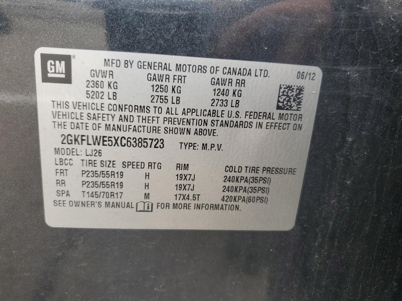 2GKFLWE5XC6385723 2012 GMC Terrain Slt