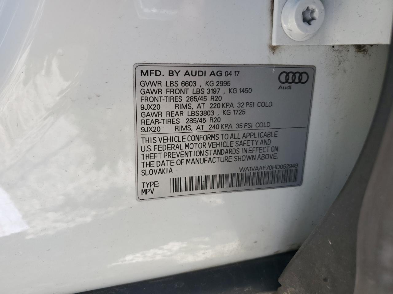 WA1VAAF70HD052949 2017 Audi Q7 Prestige