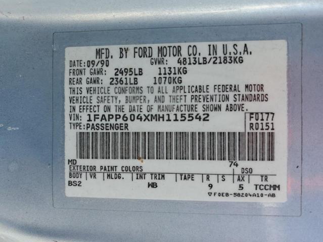 1991 Ford Thunderbird VIN: 1FAPP604XMH115542 Lot: 54941364