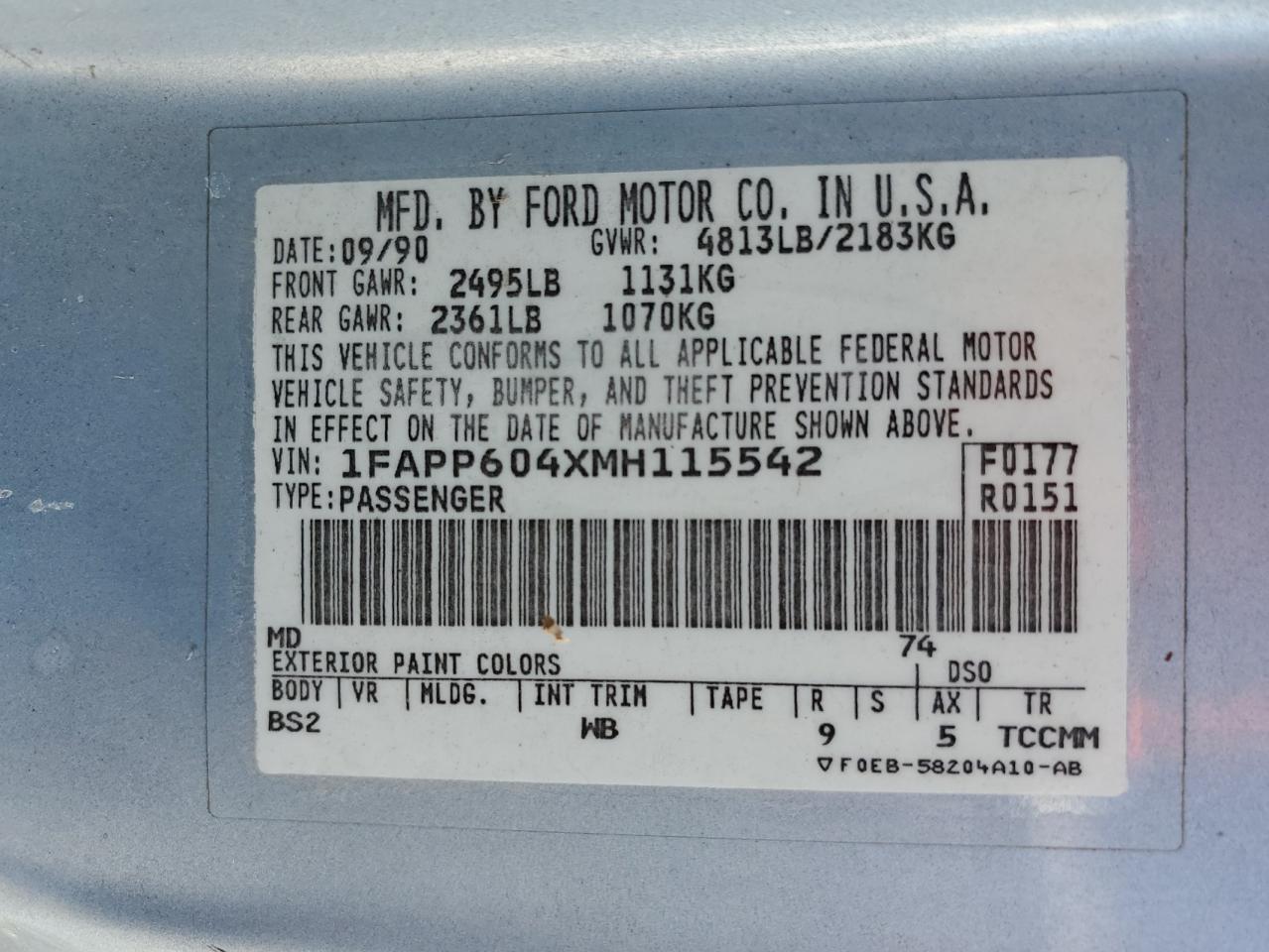 1FAPP604XMH115542 1991 Ford Thunderbird