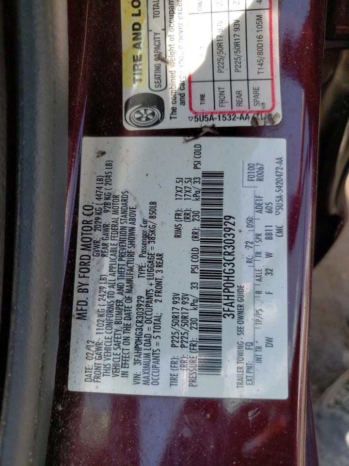 3FAHP0HG3CR303929 2012 Ford Fusion Se