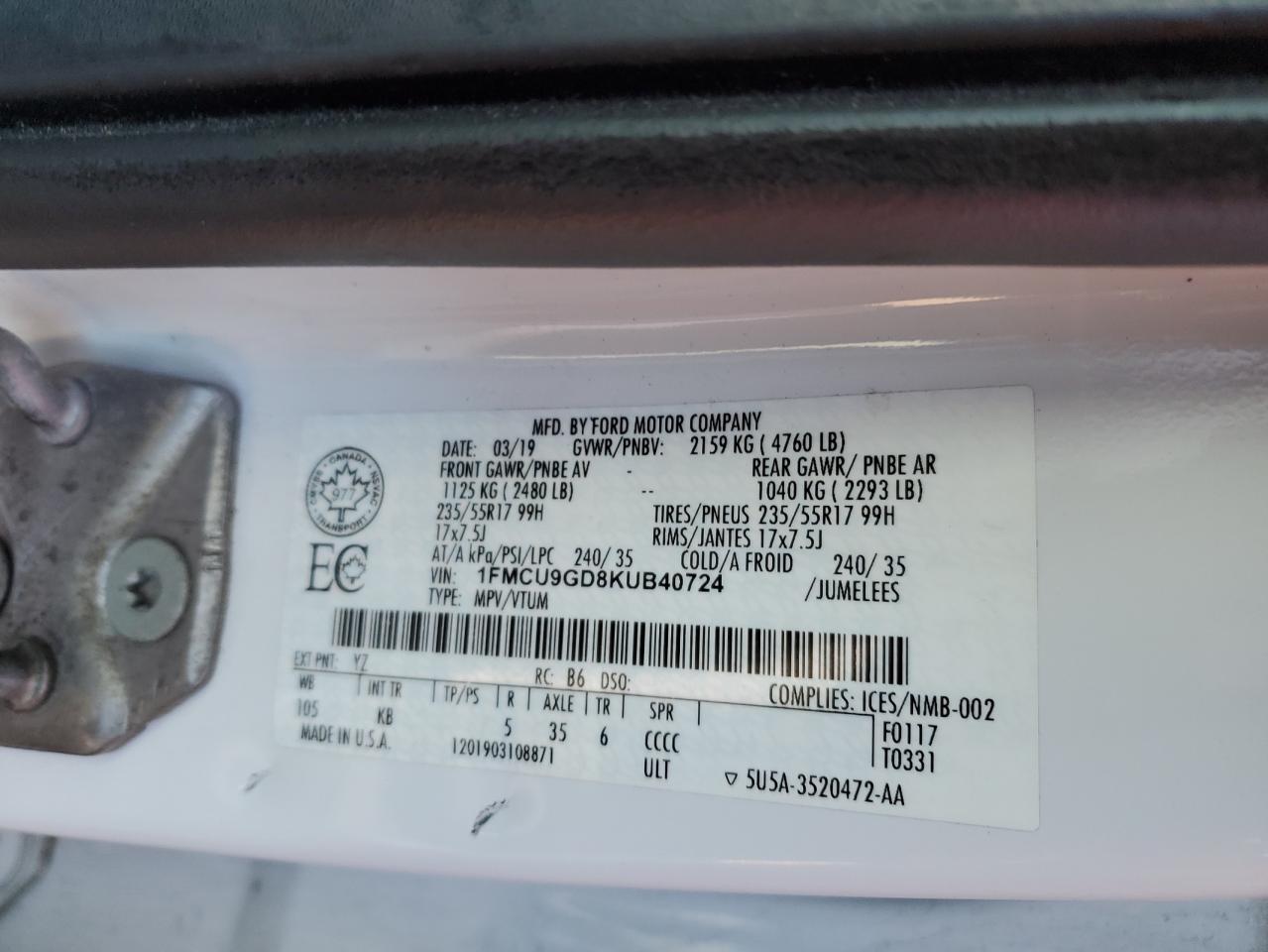 1FMCU9GD8KUB40724 2019 Ford Escape Se