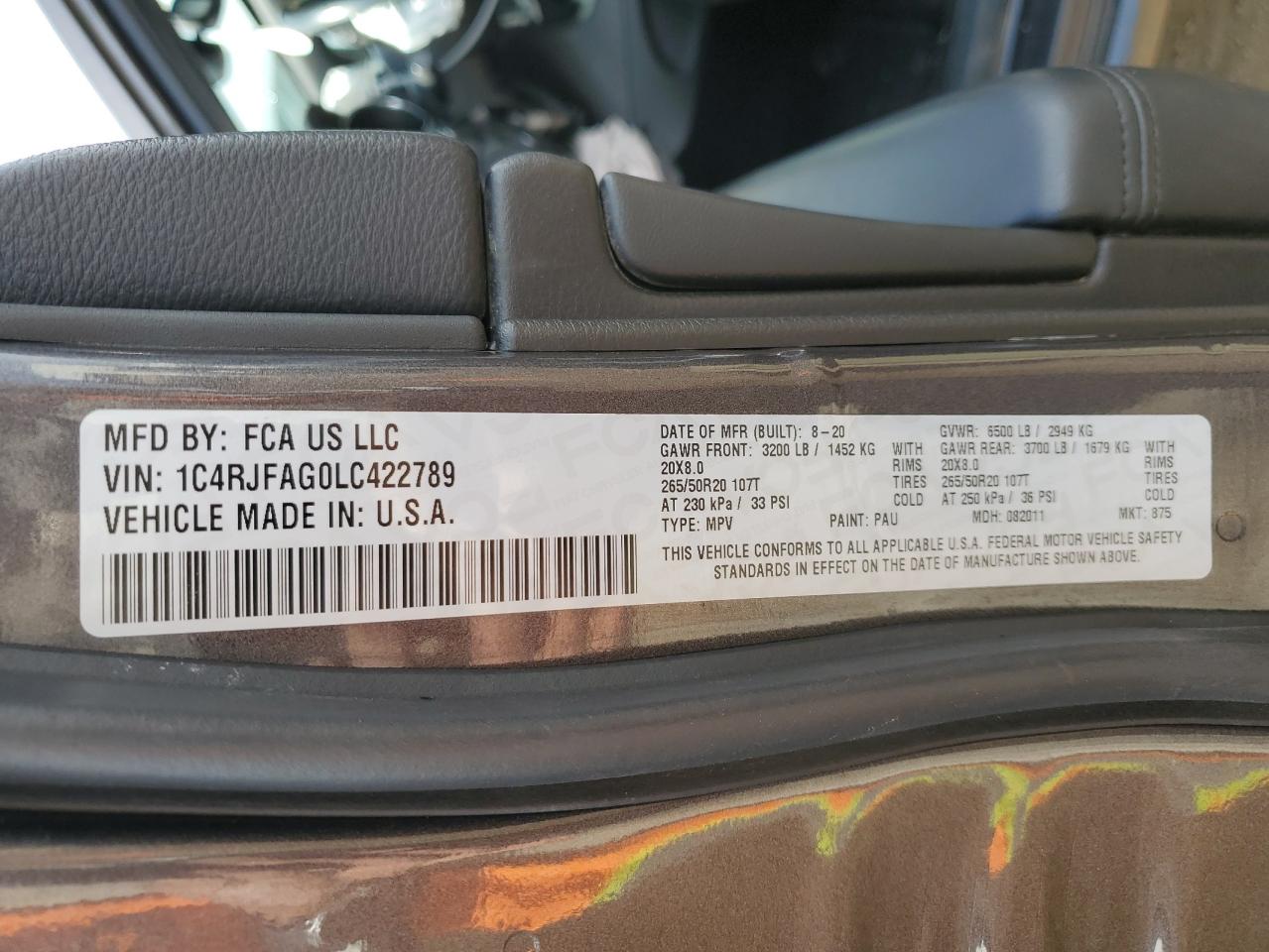 1C4RJFAG0LC422789 2020 Jeep Grand Cherokee Laredo