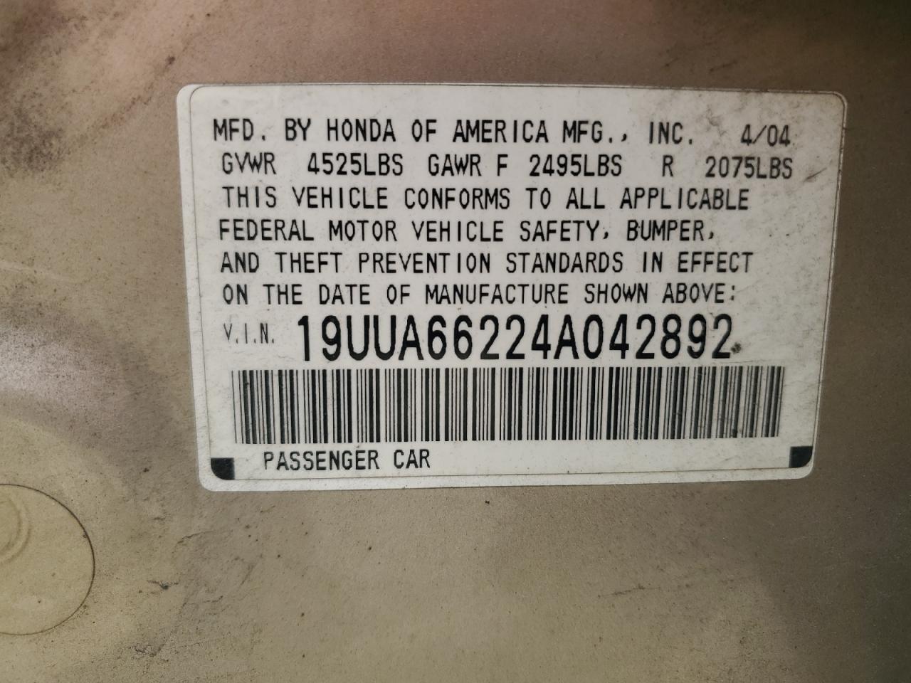 19UUA66224A042892 2004 Acura Tl