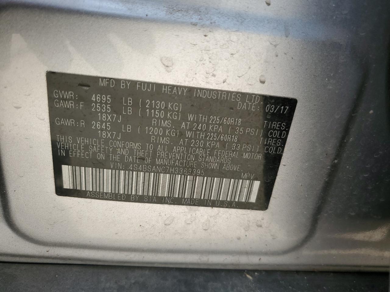 4S4BSANC7H3363395 2017 Subaru Outback 2.5I Limited