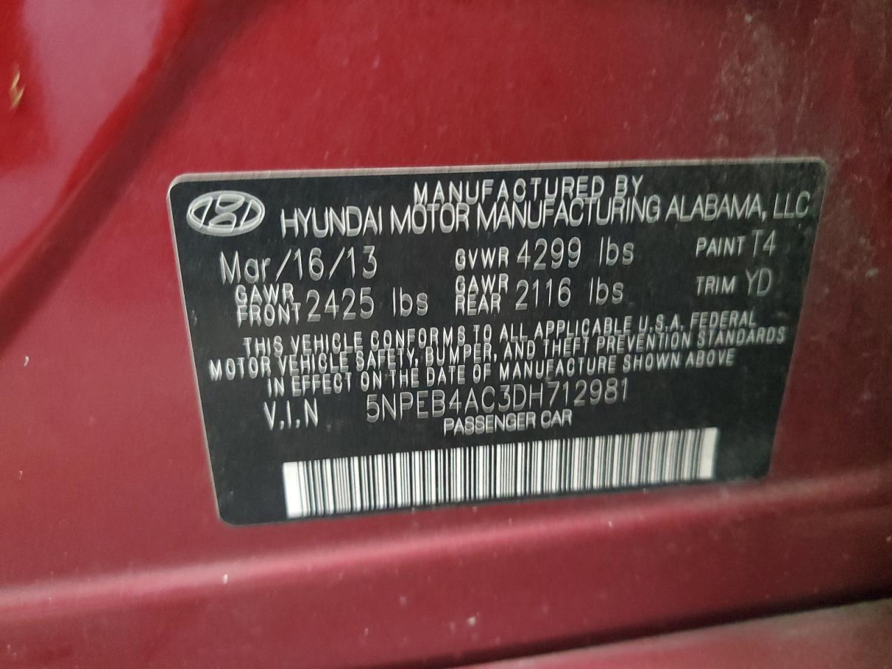 5NPEB4AC3DH712981 2013 Hyundai Sonata Gls