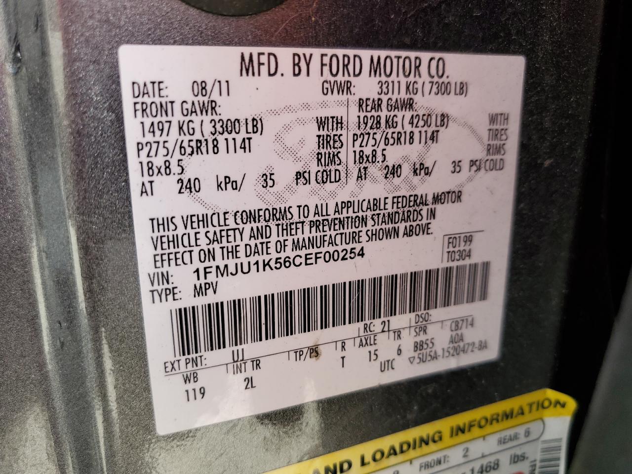 1FMJU1K56CEF00254 2012 Ford Expedition Limited