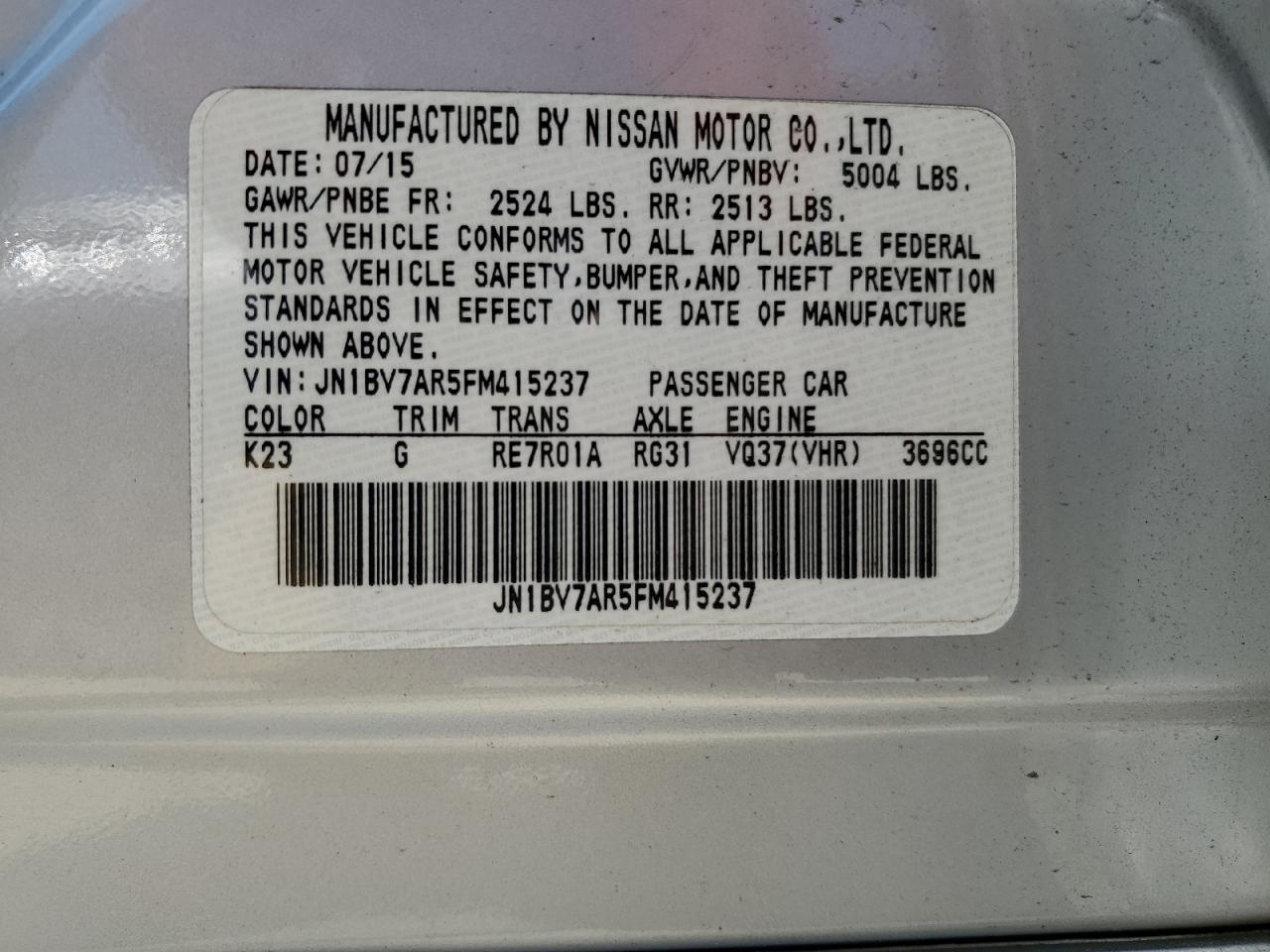 JN1BV7AR5FM415237 2015 Infiniti Q50 Base