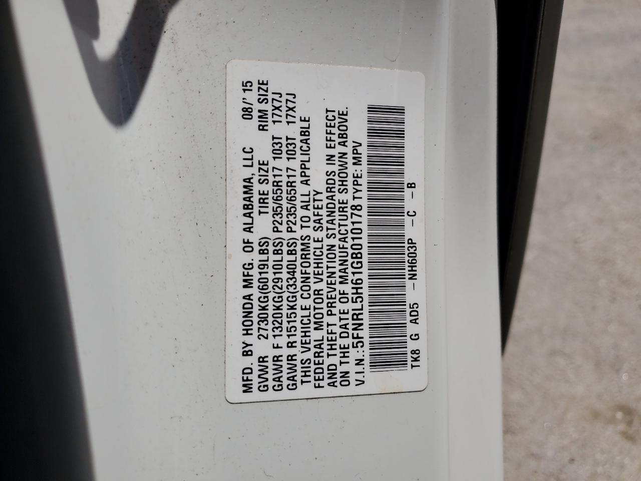 5FNRL5H61GB010178 2016 Honda Odyssey Exl