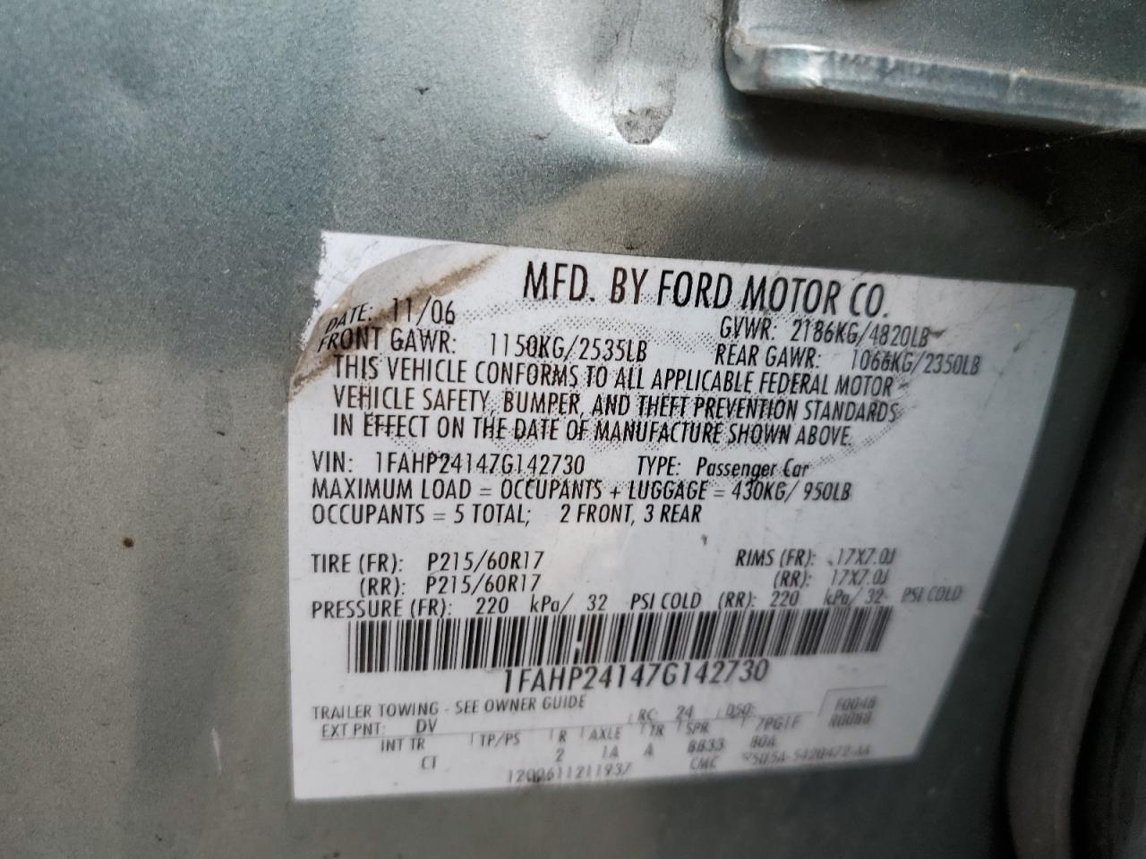 1FAHP24147G142730 2007 Ford Five Hundred Sel