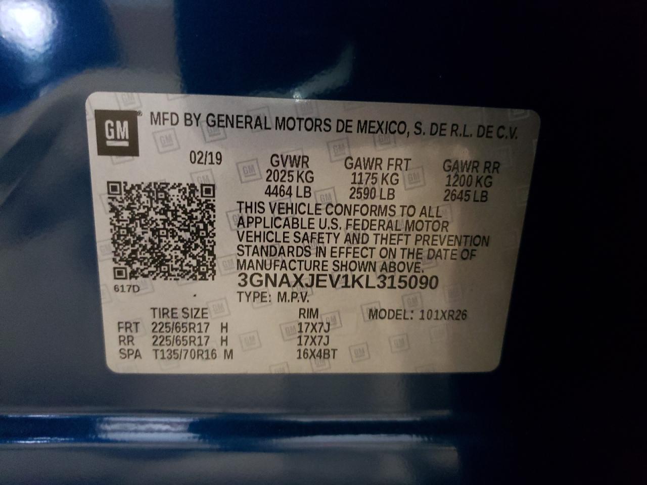 3GNAXJEV1KL315090 2019 Chevrolet Equinox Lt