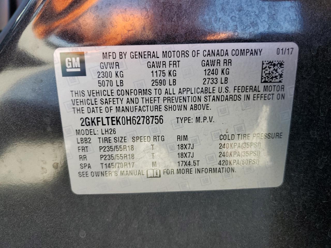 2GKFLTEK0H6278756 2017 GMC Terrain Sle