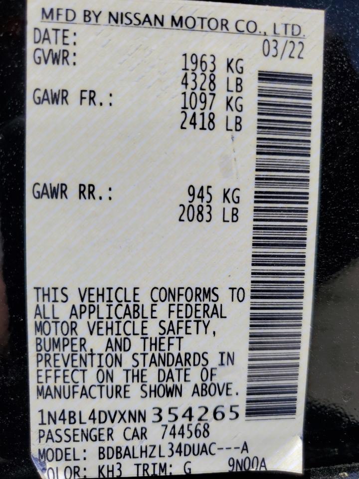 1N4BL4DVXNN354265 2022 Nissan Altima Sv