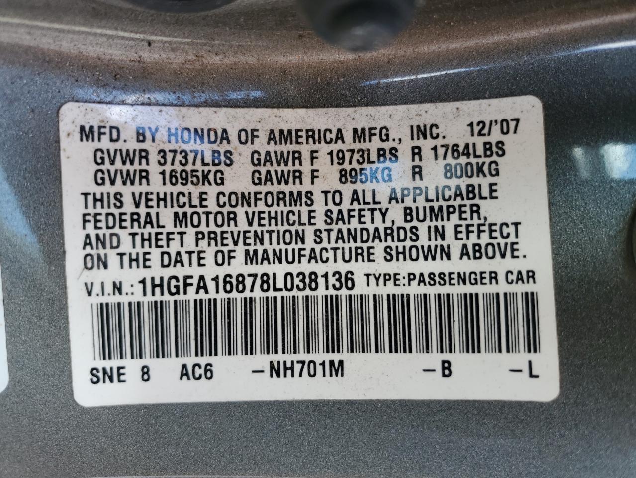 1HGFA16878L038136 2008 Honda Civic Ex