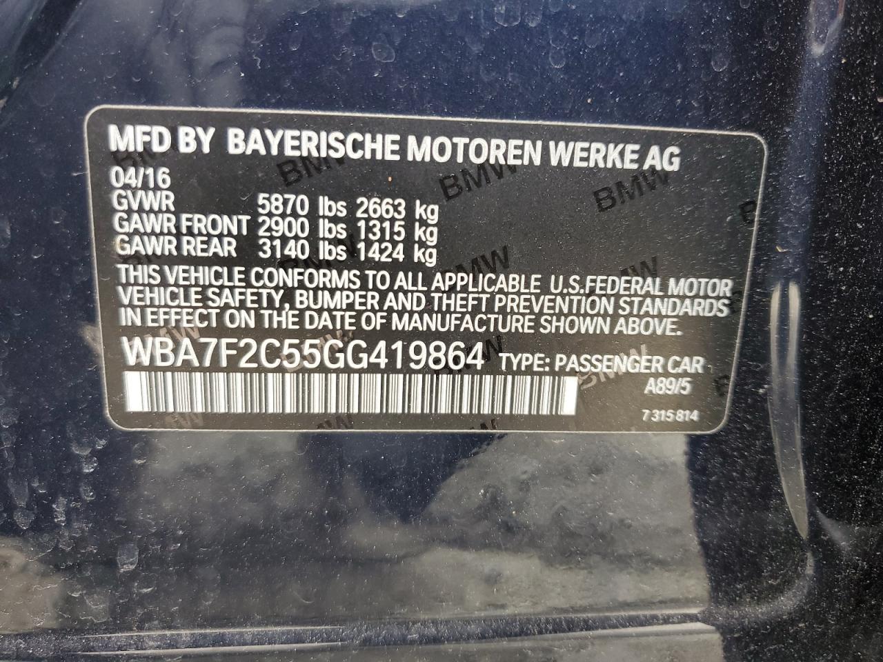 WBA7F2C55GG419864 2016 BMW 750 Xi