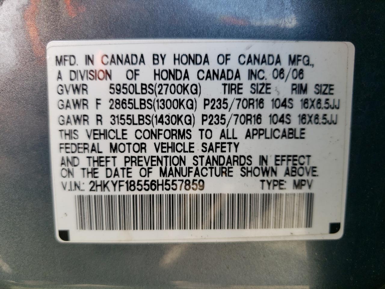 2HKYF18556H557859 2006 Honda Pilot Ex