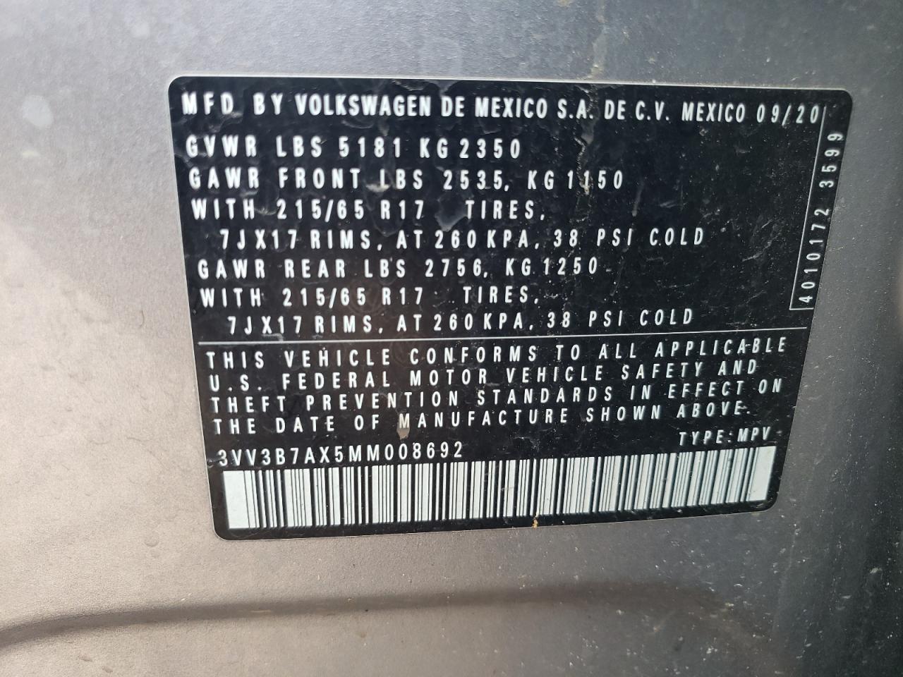 3VV3B7AX5MM008692 2021 Volkswagen Tiguan Se