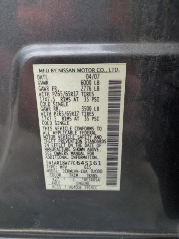 2007 Nissan Pathfinder Le VIN: 5N1AR18W77C645161 Lot: 53202814