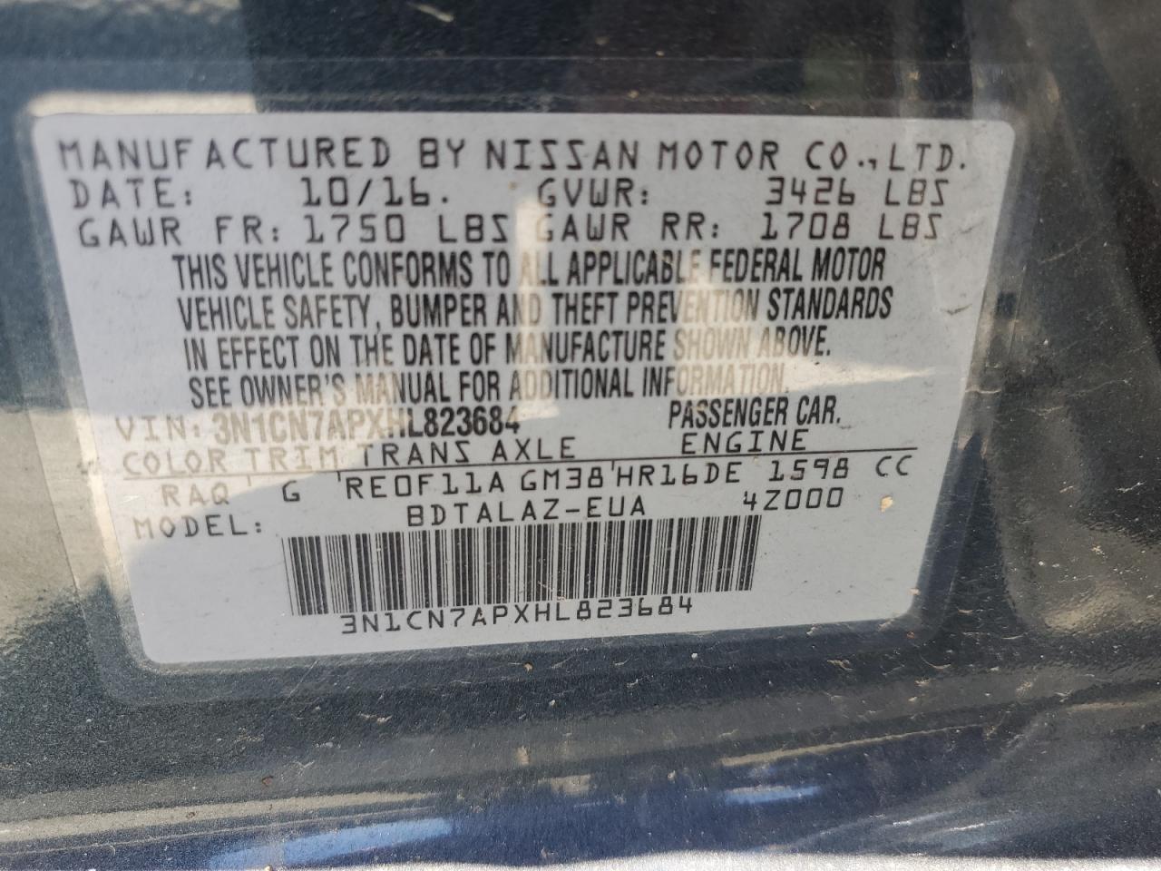 3N1CN7APXHL823684 2017 Nissan Versa S