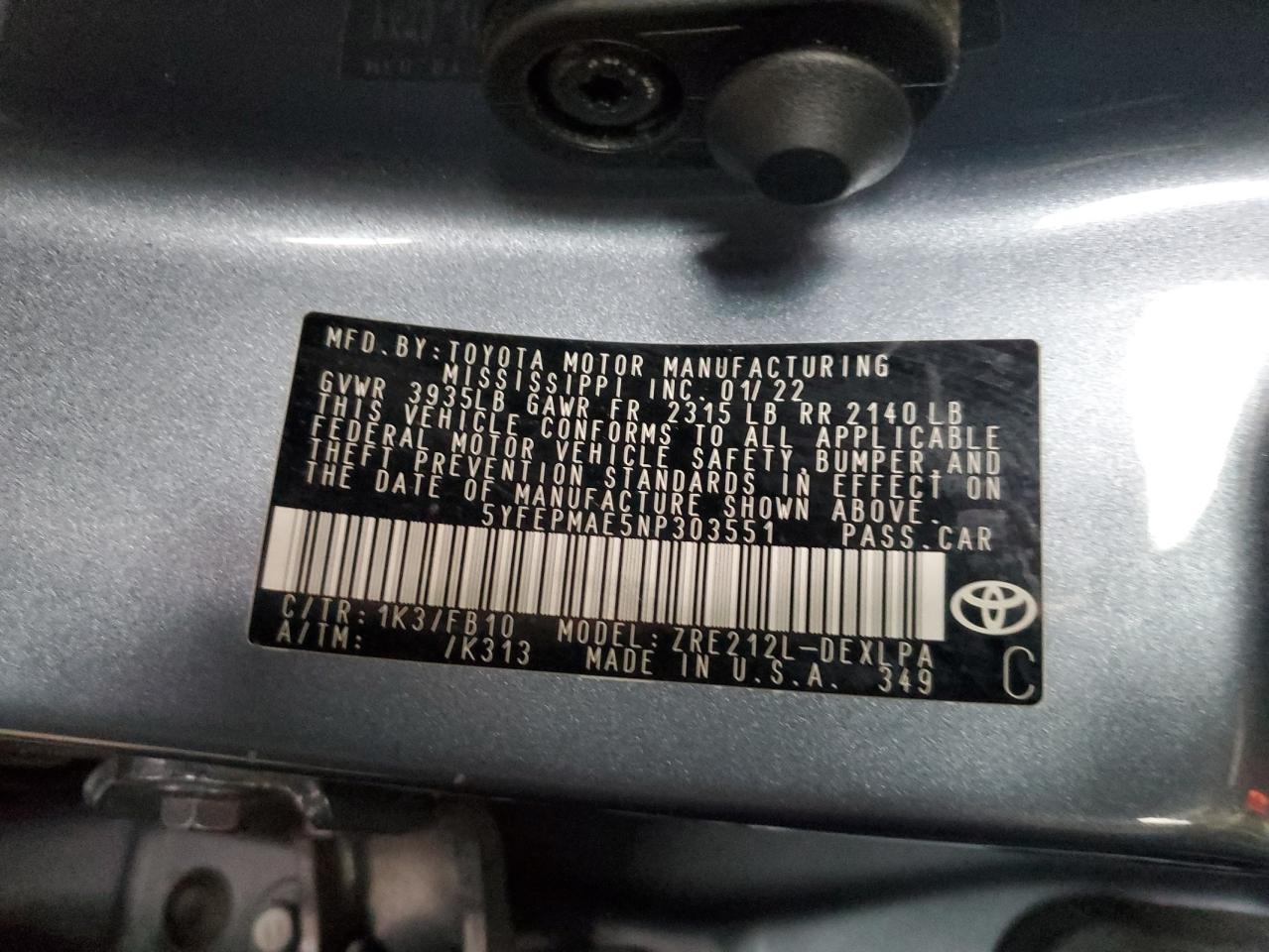 5YFEPMAE5NP303551 2022 Toyota Corolla Le