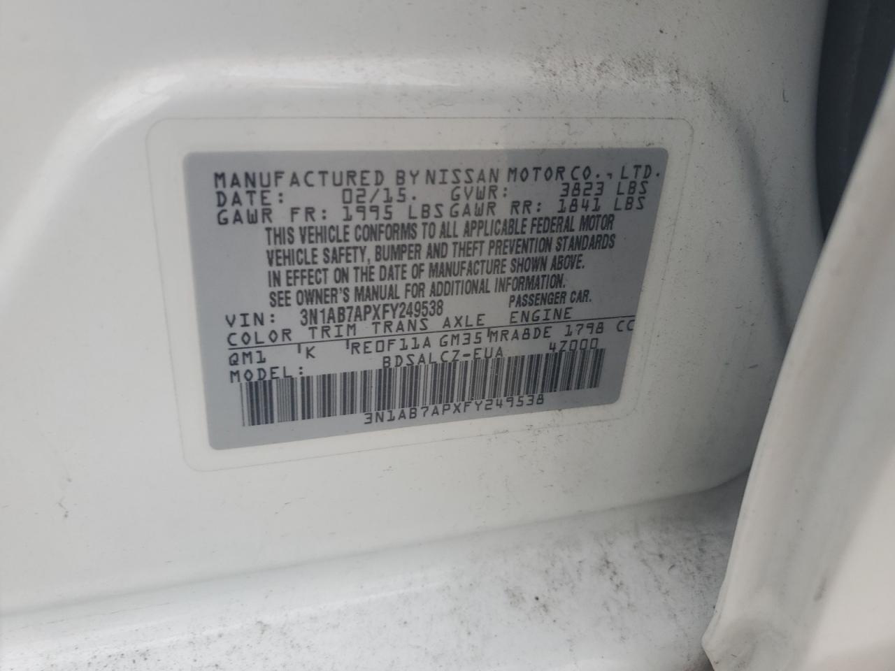 3N1AB7APXFY249538 2015 Nissan Sentra S