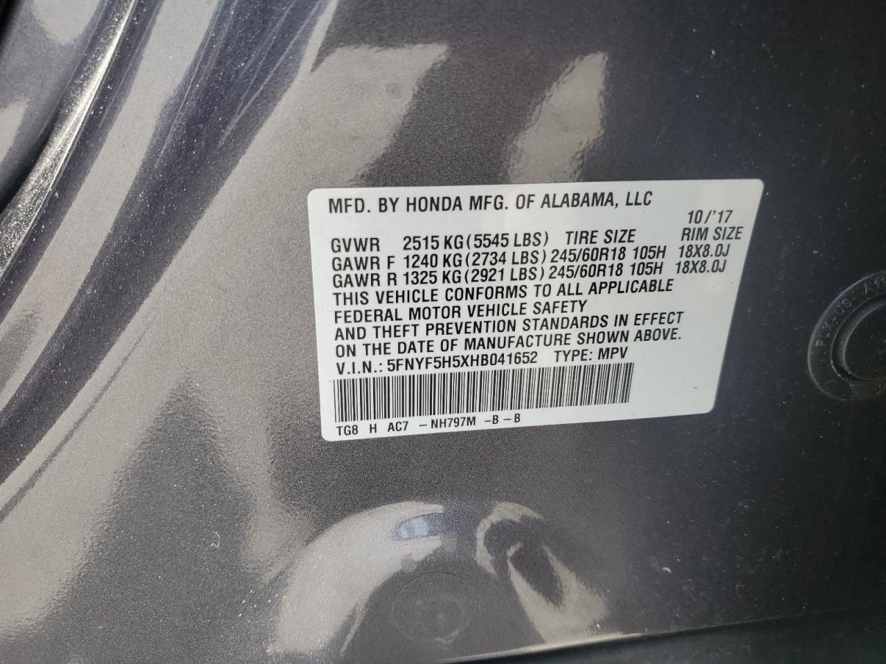 5FNYF5H5XHB041652 2017 Honda Pilot Exl