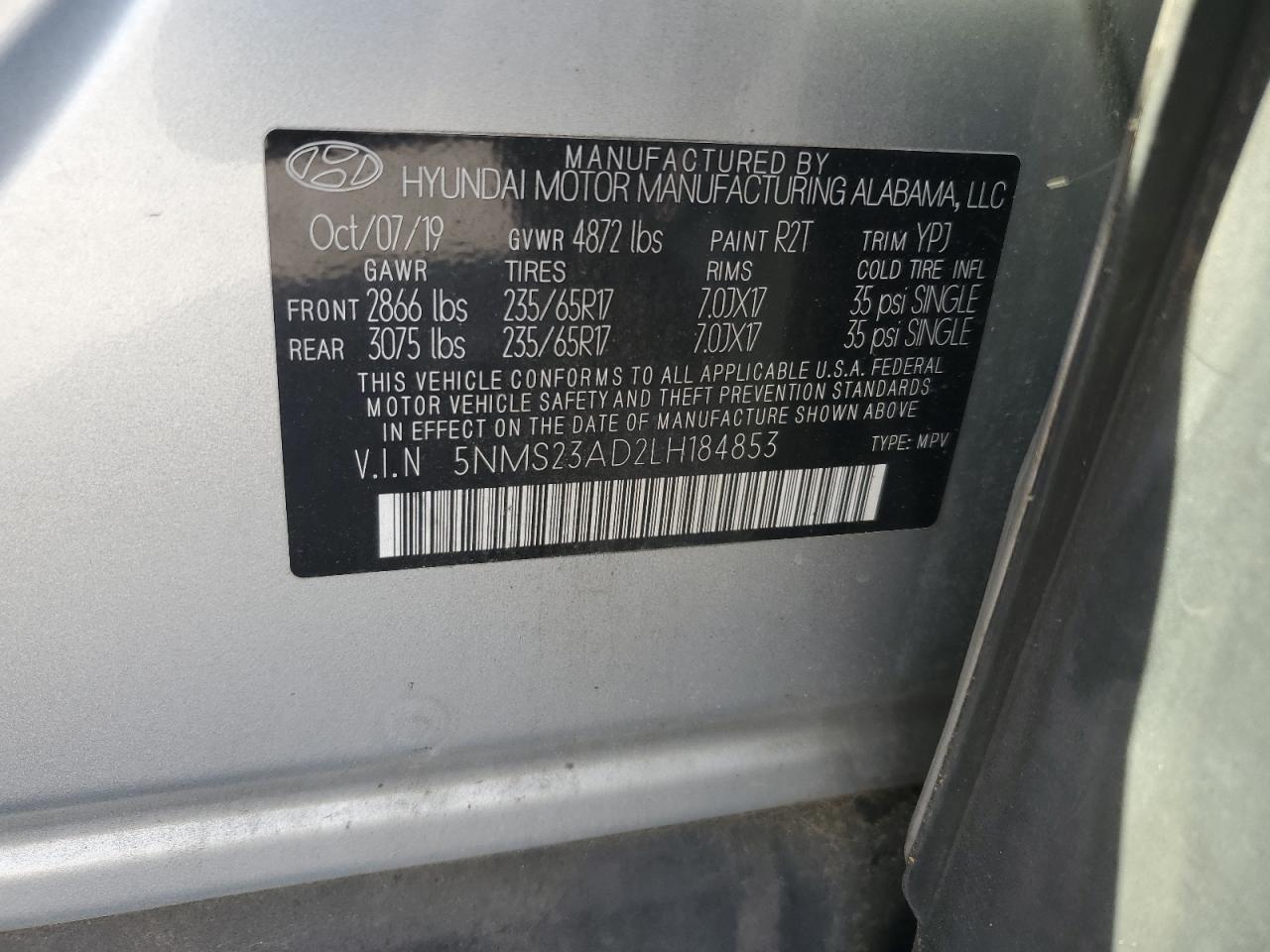 5NMS23AD2LH184853 2020 Hyundai Santa Fe Se