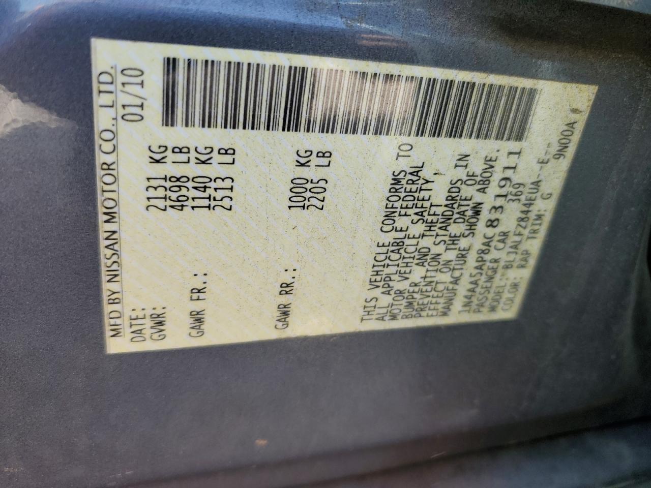 1N4AA5AP8AC831911 2010 Nissan Maxima S