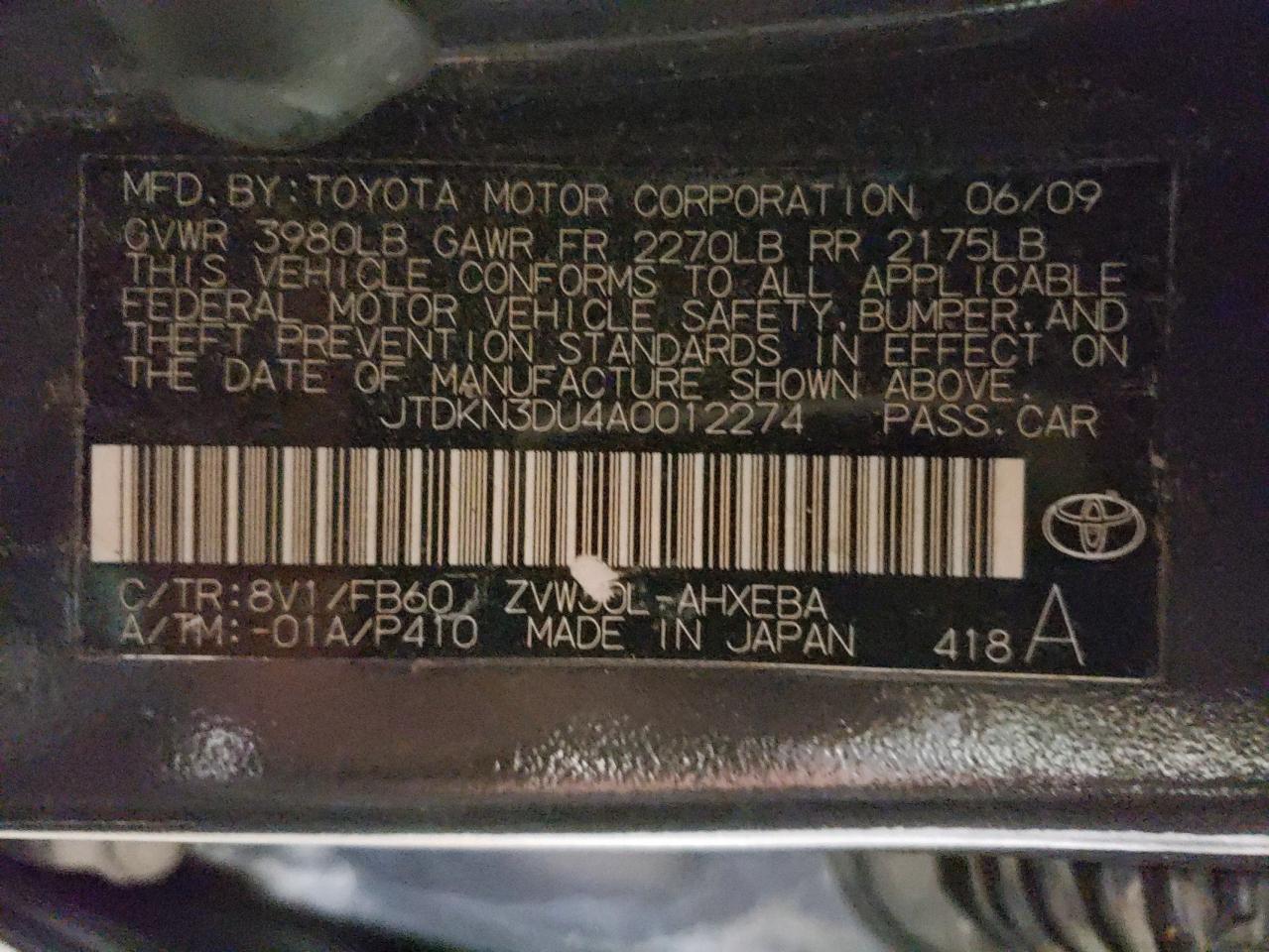 JTDKN3DU4A0012274 2010 Toyota Prius