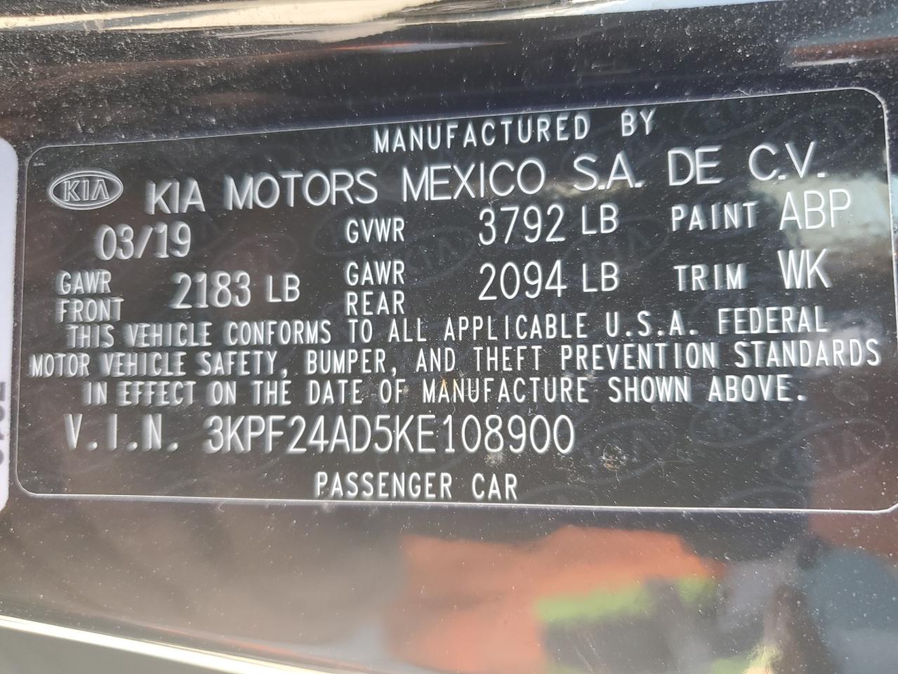 3KPF24AD5KE108900 2019 Kia Forte Fe