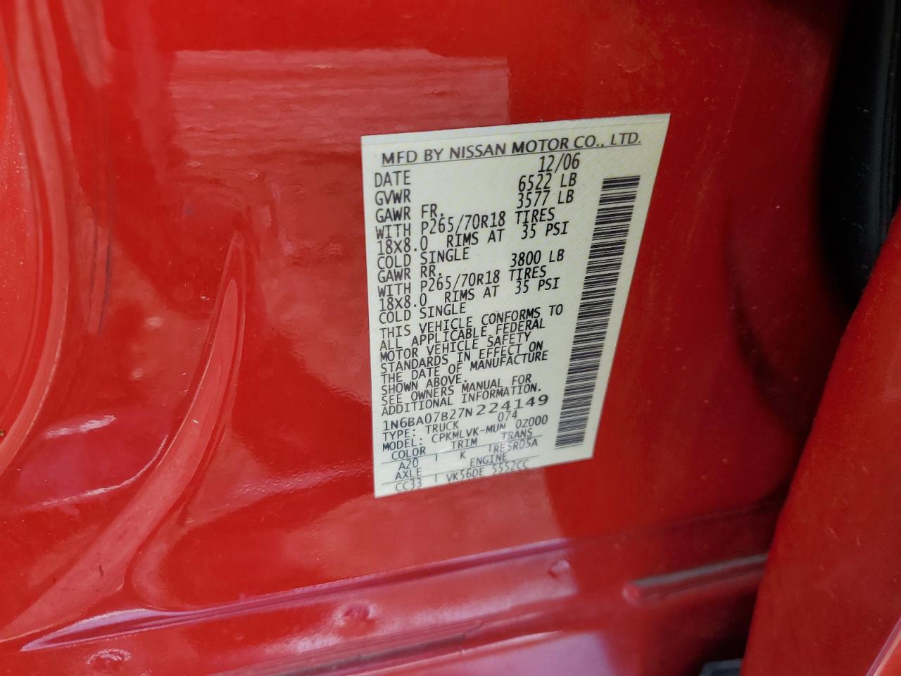 1N6BA07B27N224149 2007 Nissan Titan Xe