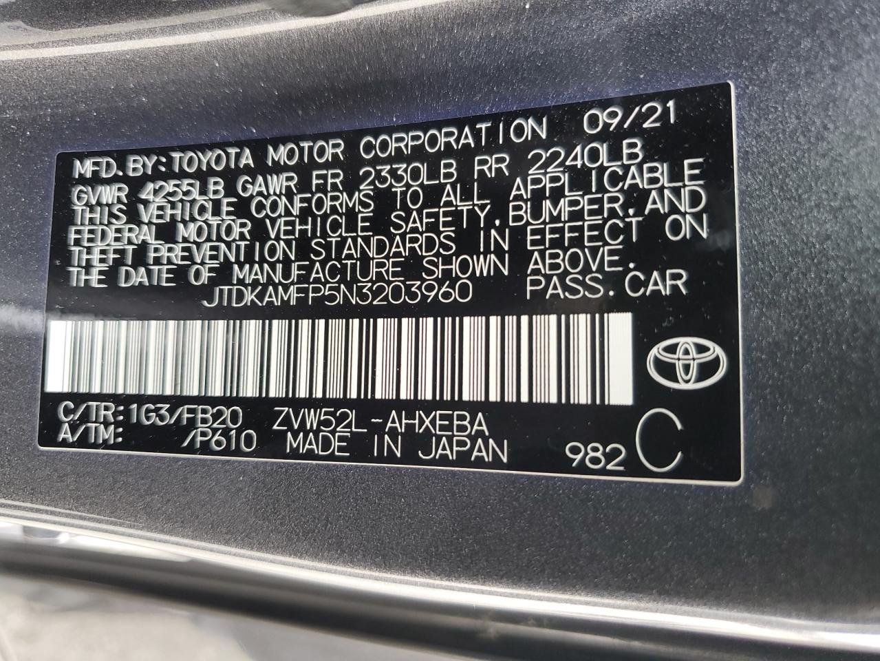 JTDKAMFP5N3203960 2022 Toyota Prius Prime Le
