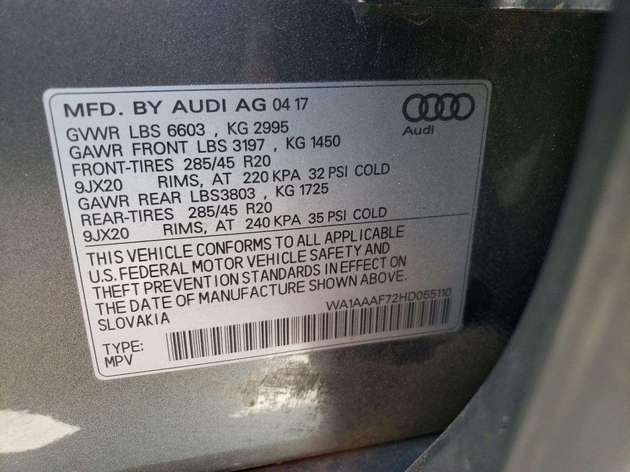 WA1AAAF72HD055110 2017 Audi Q7 Premium