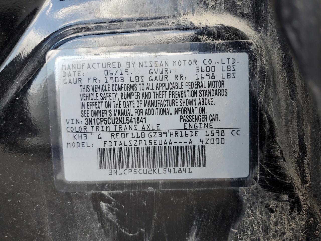 3N1CP5CU2KL541841 2019 Nissan Kicks S