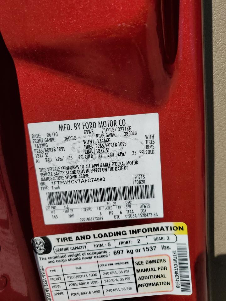 1FTFW1CV7AFC74980 2010 Ford F150 Supercrew