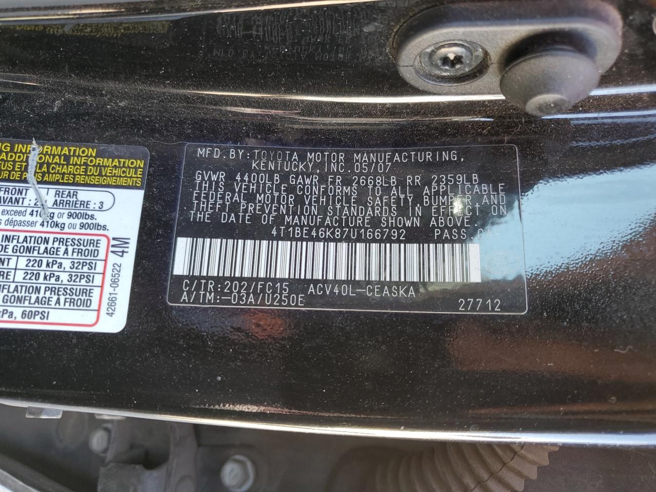 4T1BE46K87U166792 2007 Toyota Camry Ce