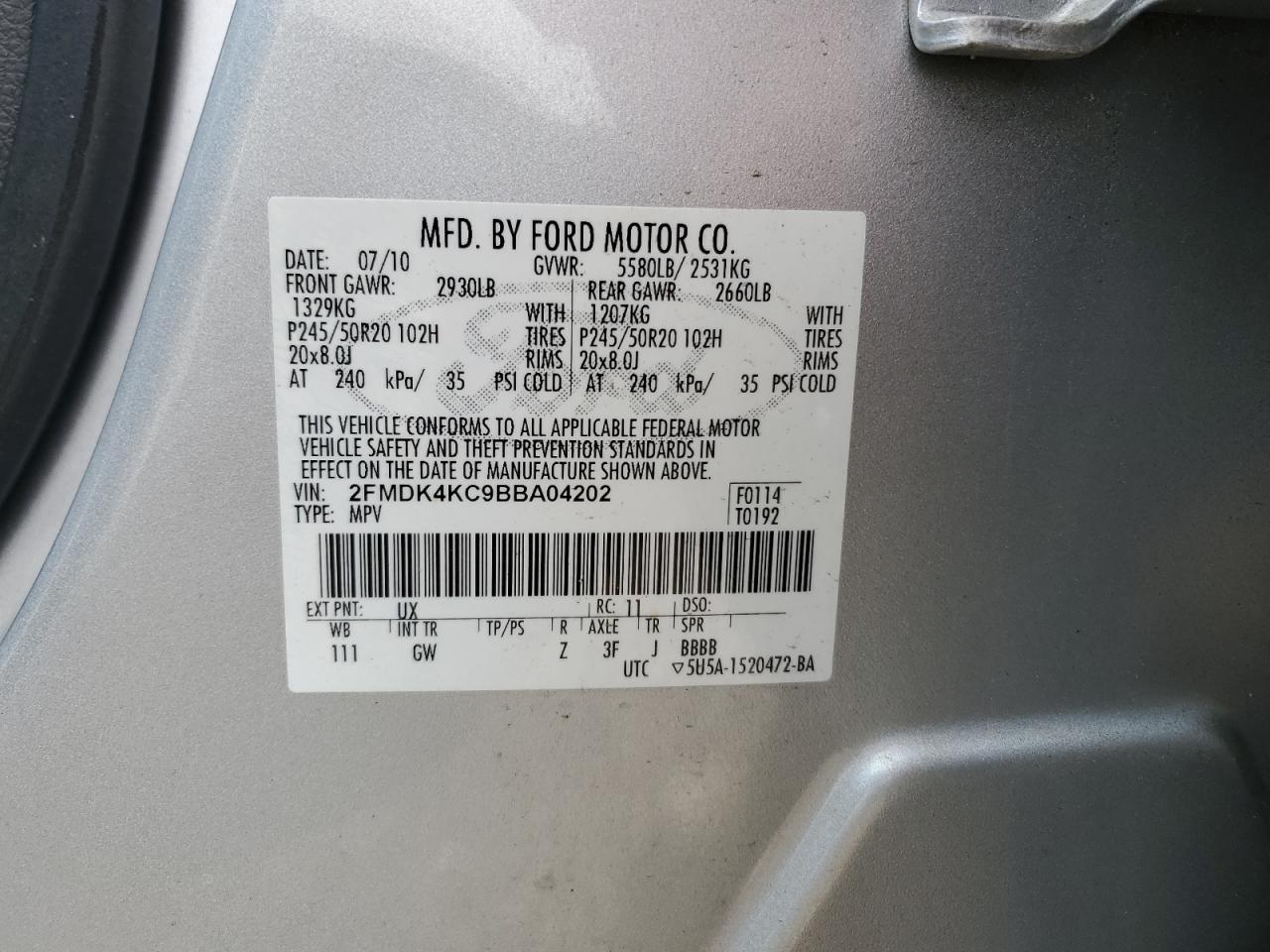 2FMDK4KC9BBA04202 2011 Ford Edge Limited