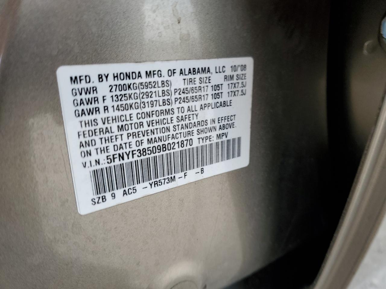 5FNYF38509B021870 2009 Honda Pilot Exl