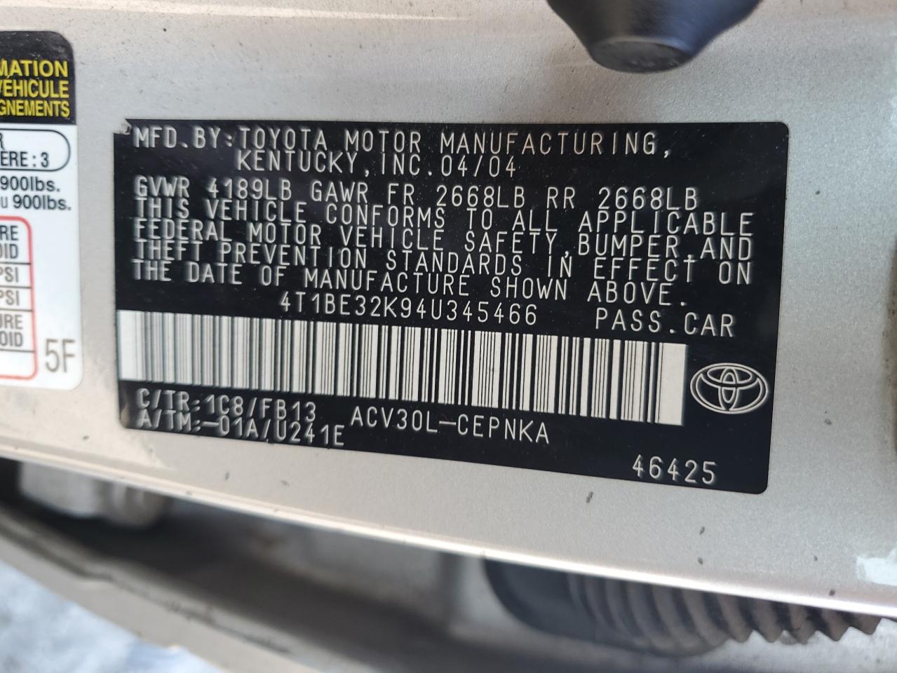 4T1BE32K94U345466 2004 Toyota Camry Le