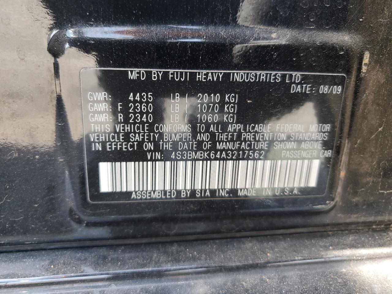 4S3BMBK64A3217562 2010 Subaru Legacy 2.5I Limited