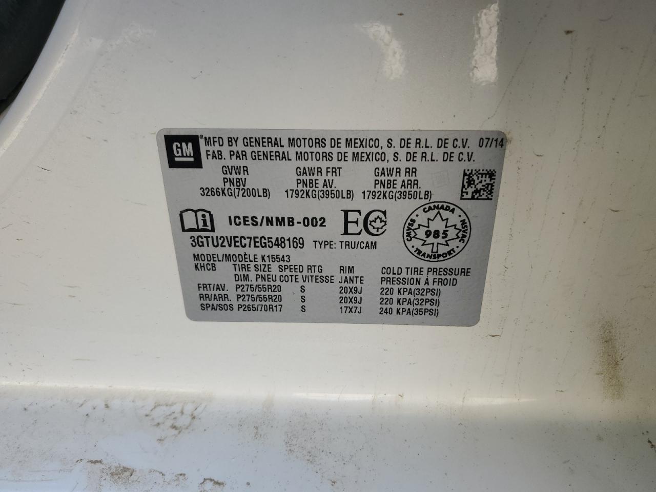 3GTU2VEC7EG548169 2014 GMC Sierra K1500 Slt