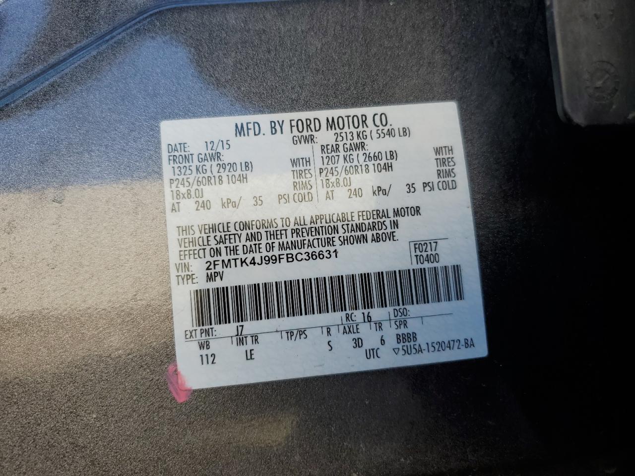 2FMTK4J99FBC36631 2015 Ford Edge Sel