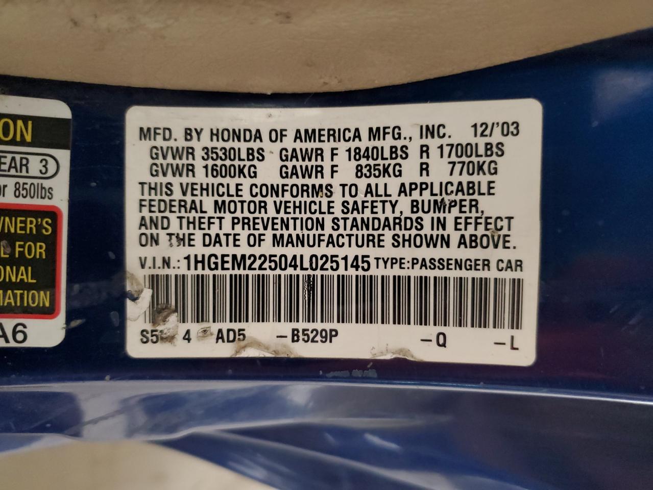 1HGEM22504L025145 2004 Honda Civic Lx