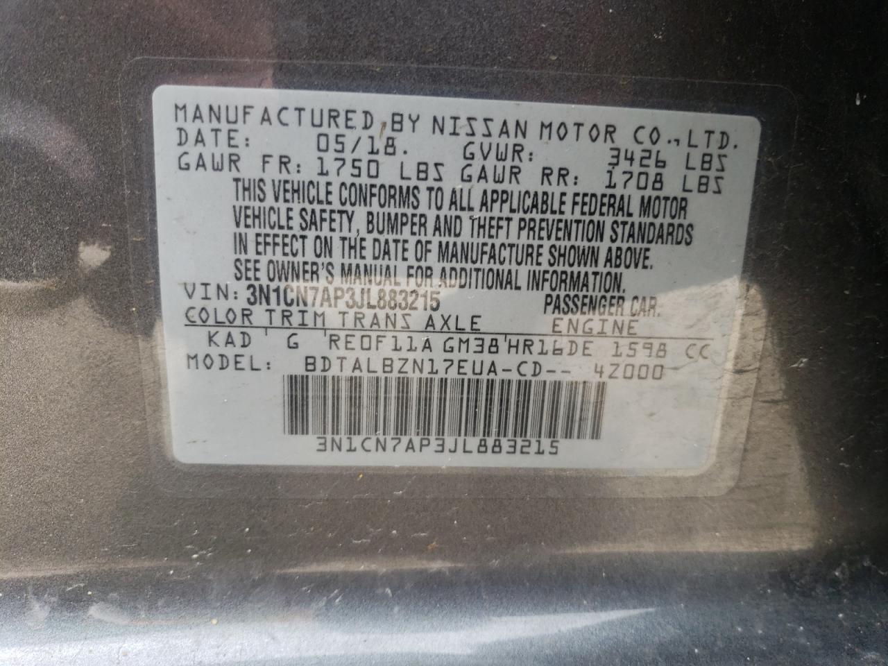 3N1CN7AP3JL883215 2018 Nissan Versa S