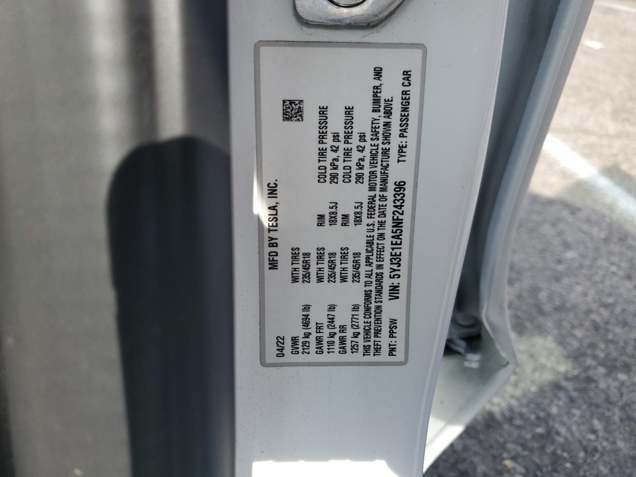 5YJ3E1EA5NF243396 2022 Tesla Model 3