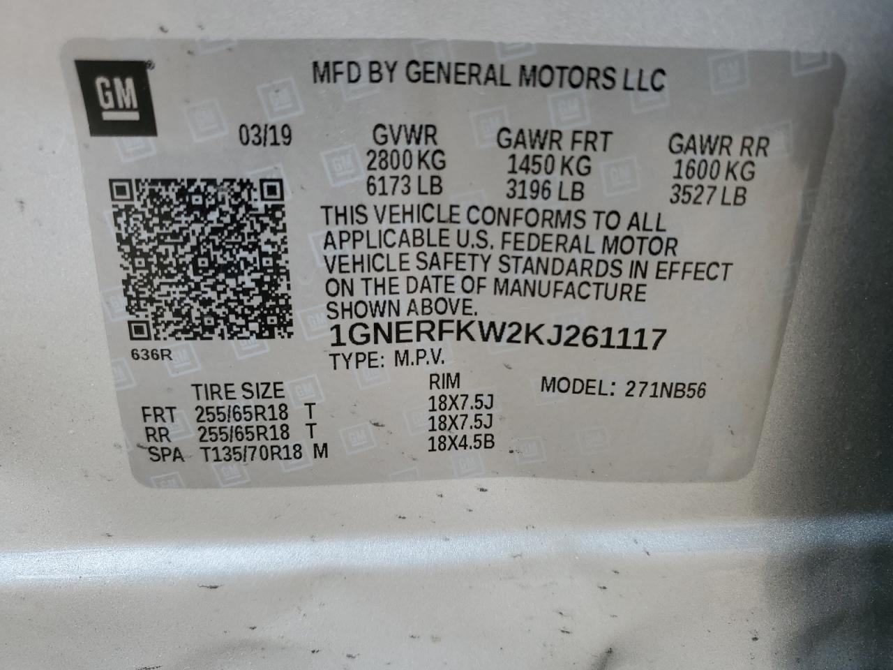 1GNERFKW2KJ261117 2019 Chevrolet Traverse Ls