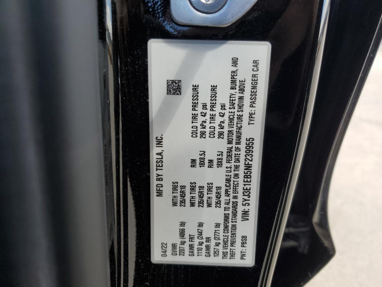 5YJ3E1EB5NF239955 2022 Tesla Model 3