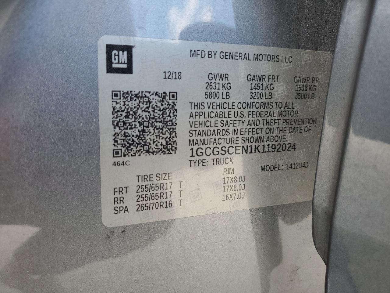 1GCGSCEN1K1192024 2019 Chevrolet Colorado Lt