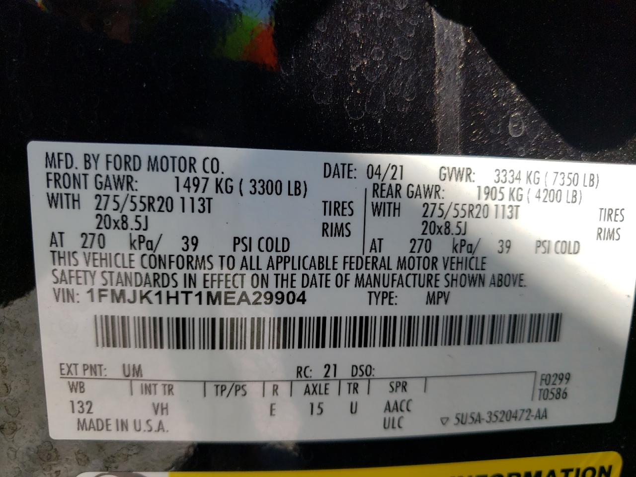 1FMJK1HT1MEA29904 2021 Ford Expedition Max Xlt